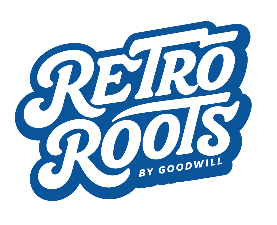 Retro Roots by Goodwill wordmark in blue: bold script lettering with a solid outline.