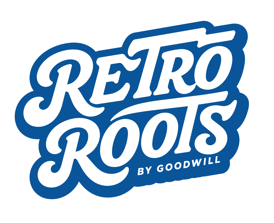 Retro Roots by Goodwill wordmark in blue: bold script lettering with a solid outline.