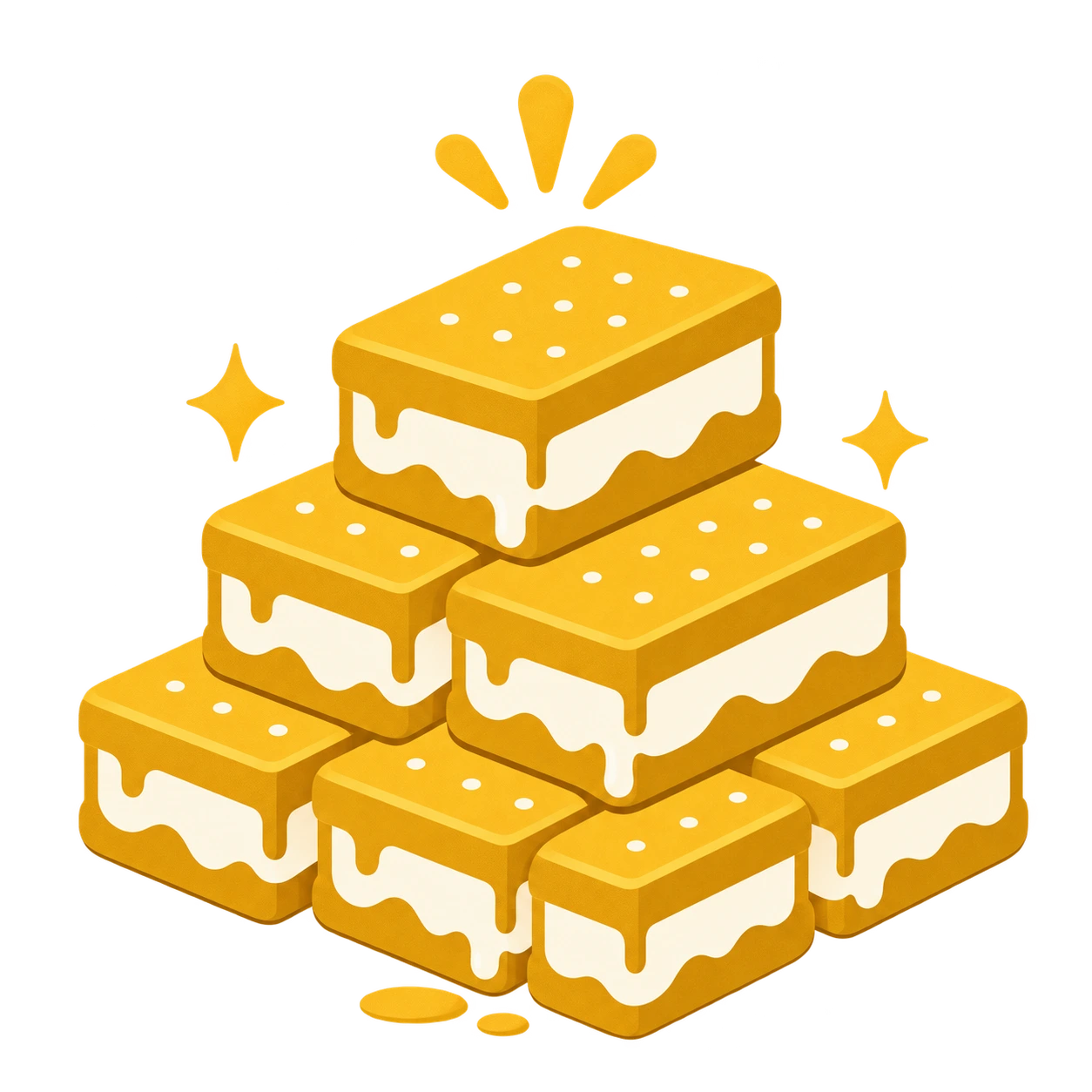 Illustration of six golden ice cream sandwiches stacked in a pyramid like gold bars, cream filling dripping, with small yellow sparkles.