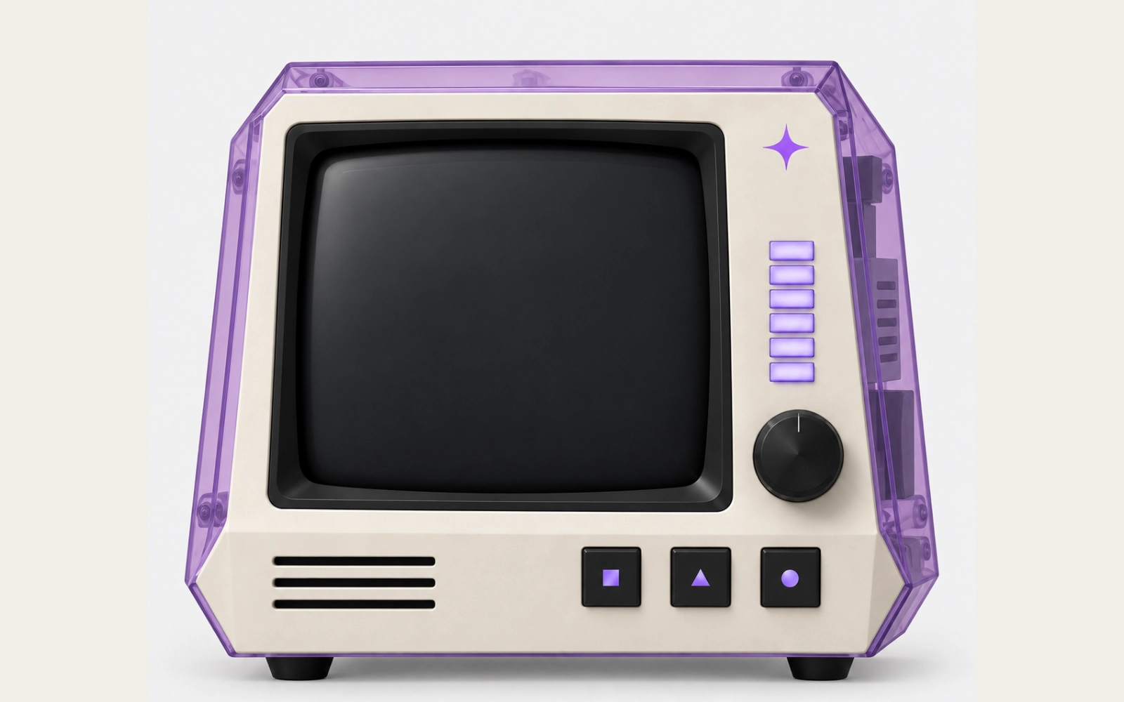 STAR OS: a small cream and smoky lavender CRT terminal with a dark screen, a row of purple buttons, a black knob and three square keys.