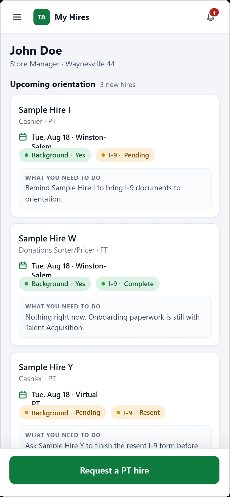 My Hires phone layout prototype for a sample store manager: three sample hire cards, each with position, orientation date and location, background and I-9 status chips, and a What you need to do note, with a Request a PT hire button fixed at the bottom.
