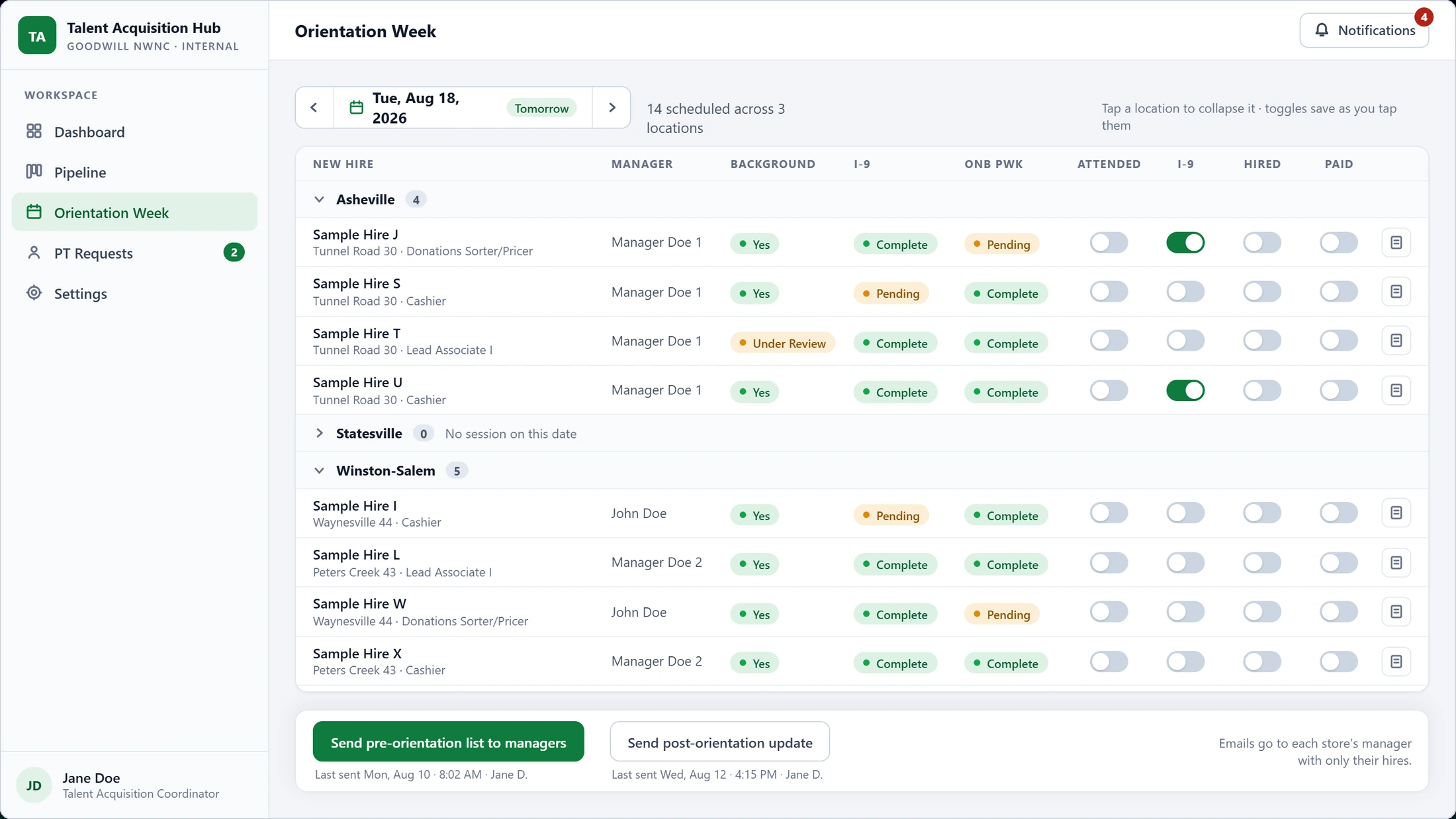 Orientation Week prototype: a date picker set to Tuesday, August 18, 2026, sample hires grouped under Asheville, Statesville, and Winston-Salem with manager, background, I-9, and paperwork statuses and four toggles per row, and two buttons for sending the pre-orientation list and post-orientation update.