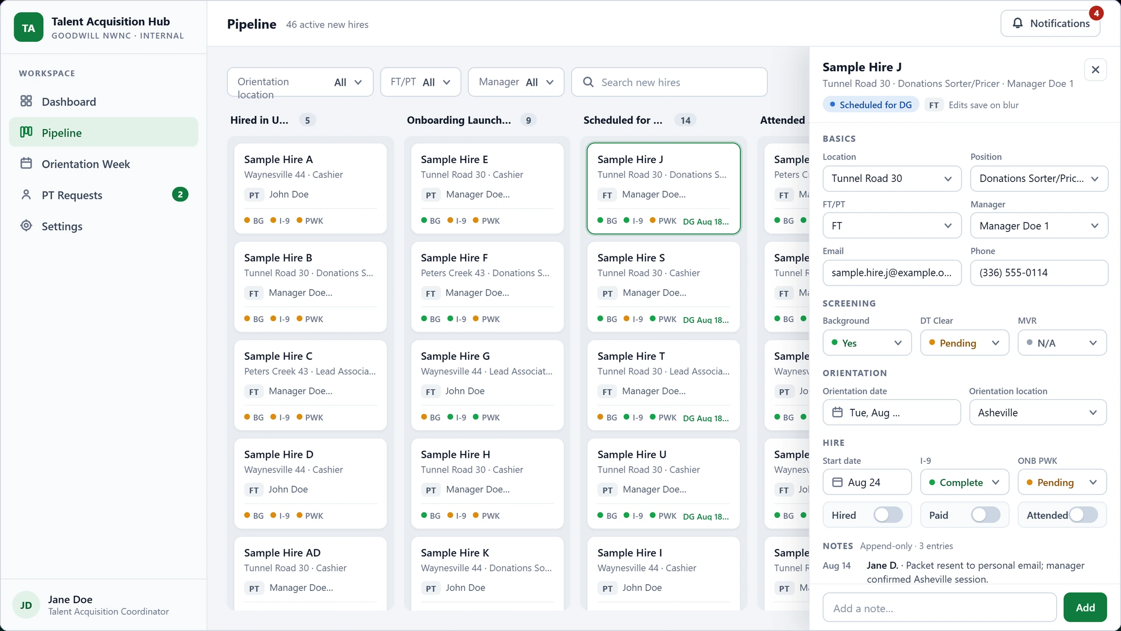 Talent Acquisition Hub pipeline prototype: filters for orientation location, full or part time, and manager; columns of sample new-hire cards by stage, Hired in UKG, Onboarding Launched, Scheduled for DG, Attended; and a detail panel for one sample hire with basics, screening, orientation, and hire fields plus append-only notes.